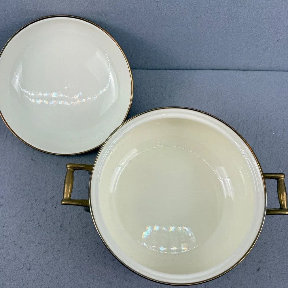 Vtg Enamel Dutch Oven Casserole Orchard Fruit Pattern Brass Handles Pristine 10
